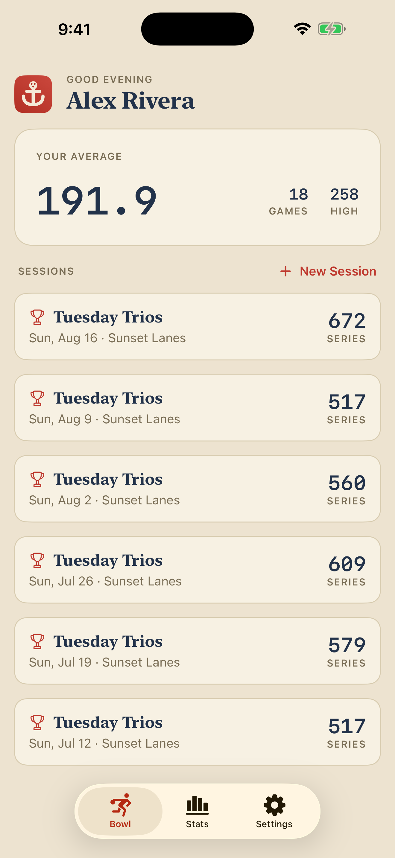 Anchor home screen — your average, games, and high game