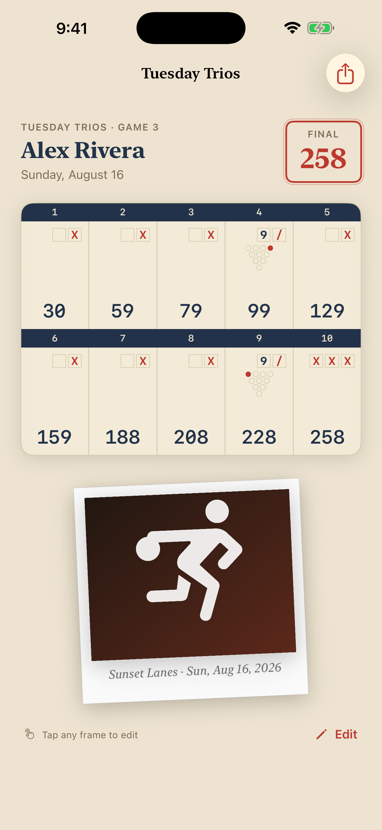 The printed scoresheet with marks, running total, and the pins you left