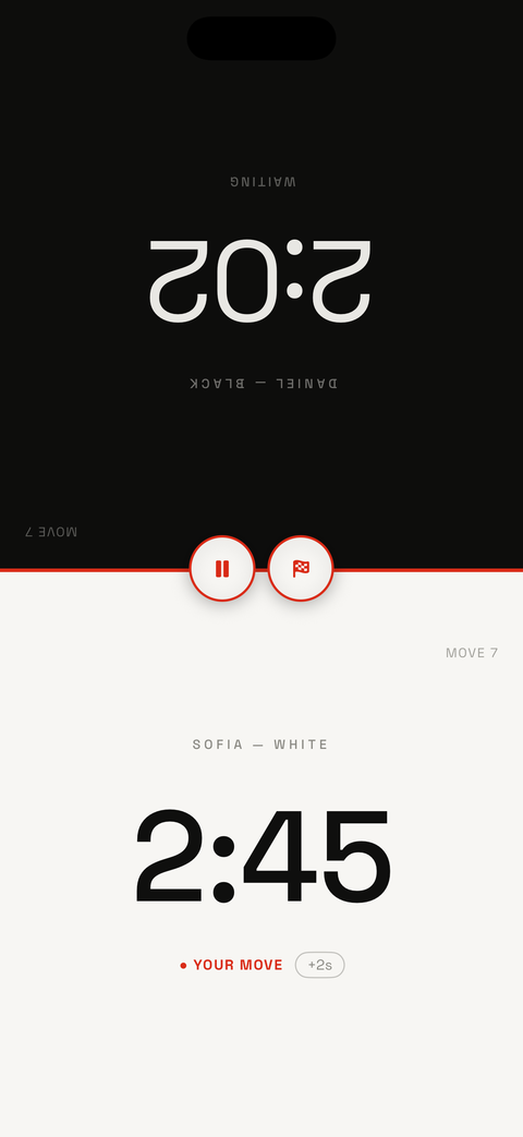 Duo mid-game: White's paper side counting down, Black's ink side waiting