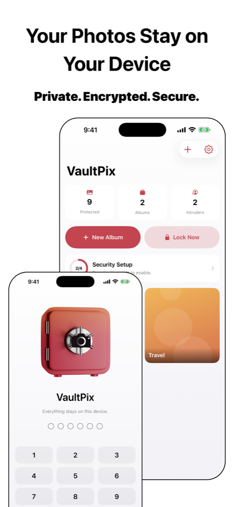 VaultPix dashboard showing protected photo count, albums and intruder attempts