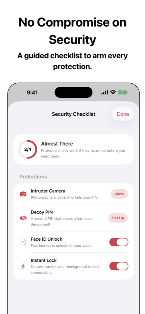The Security Checklist, arming intruder camera, decoy PIN, Face ID and instant lock