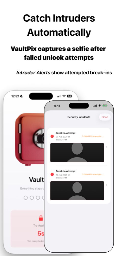 Intruder Alerts listing break-in attempts with a photo and timestamp
