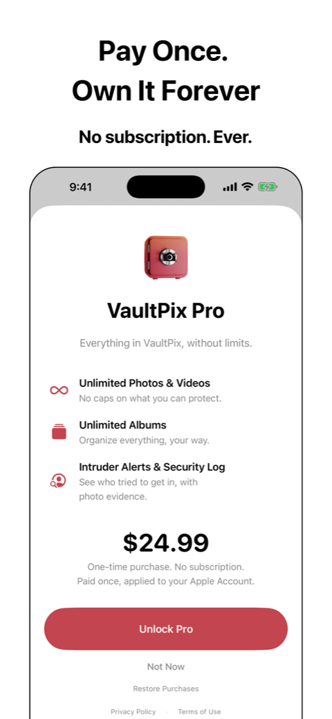 VaultPix Pro — a one-time purchase, no subscription